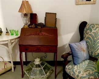 Antique desk and cool old carved chair!