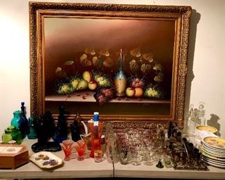 Magnificient, huge, framed original art painting. Huge variety of really neat Mid Century barware and glassware!