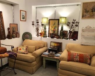 Two oversized and super comfy chairs. A fantastic pair of rare, retro  green lamps. Several humidors and vintage ashtrays. Hard to find these days!