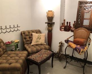 Nice pair of elegant, armless chairs. An entire collection of vintage, leather decanters.