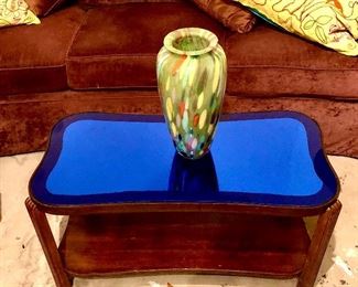Extremely rare Art Deco  1930’s, two tiered , small coffee table with a cobalt blue mirrored top. Definitely makes a statement and so very scarce. This piece almost didn’t make it to the sales floor...My favorite!