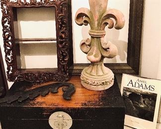 Wonderful, medium sized cedar chest or trunk. Nicely distressed for those who like the weathered look. Also a lovely, solid mahogany, carved wall mount shelf.