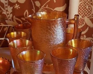 Marigold Carnival Glass Pitcher set