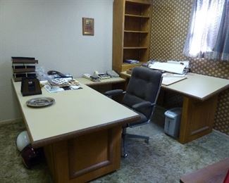 office desk, blonde wood, with return, drafting table & bookcase