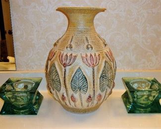 LARGE POTTERY VASE, LARGE PAIR OF SAN MIGUEL GLASS CANDLE HOLDERS "SPAIN"