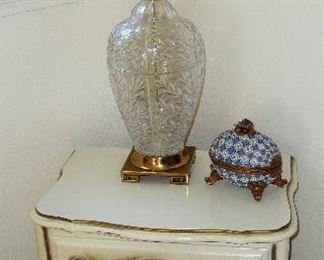 OVERSIZED CUT GLASS LAMP & FRENCH PROVENCIAL NIGHT STAND