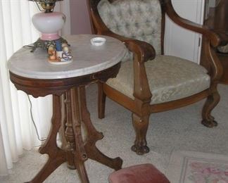 Marble top Parlor Table with Small Footstool and Armchair