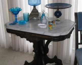 Renaissance Revival Marble top Parlor Table with Lamp and glass