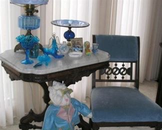 Renaissance revival Marble top Parlor Table, TWO matching Blue Chairs , Lamps and More