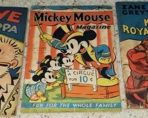 Mickey Mouse 1937 Comic booklet, Popeye and his Poppa 1939, Zane Grey King Royal Mounted Comics