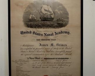 Graduation certificate for James Grimes U S Naval Academy Newport R I 1867