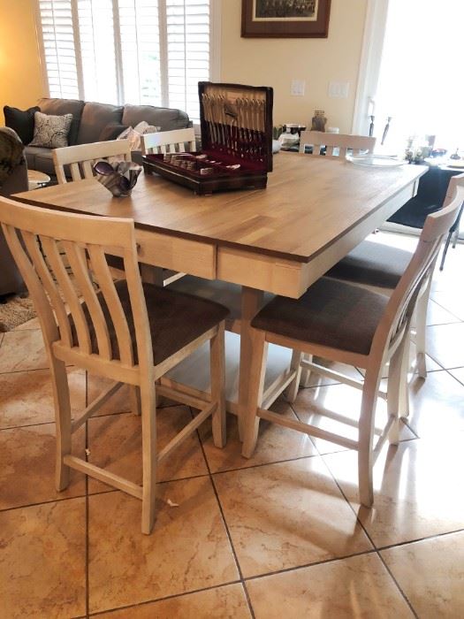 NEW!  Counter Height Dining set in washed wood with driftwood top, 6 chairs, drawers and shelves,.  