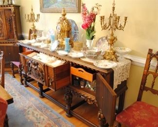 Beautiful Highly Carved Berkey & Gay Dining Room Set: Dining Table Extends w/Self Storing Leaves to Seat 12, Includes 10 Chairs, Large Berkey & Gay Sideboard Cabinet,, Berkey & Gay China Cabinet, Berkey & Gay Smaller Sideboard.  Berkey & Gay Dining Set Offered on Pre-Sale, Call 708-824-8805 for Details