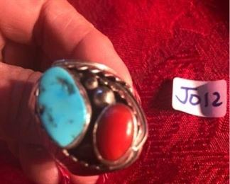 Sterling silver ring w Turquoise and orange coral