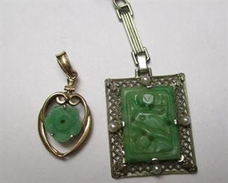 14K PENDANTS AND CHAINS: one Deco white gold with seed pearls and carved jade center stone. A 3/4" pendant with jade. One fine and one heavier Italian chain with wrong clasp total weight 8.9 grams. Auction estimate