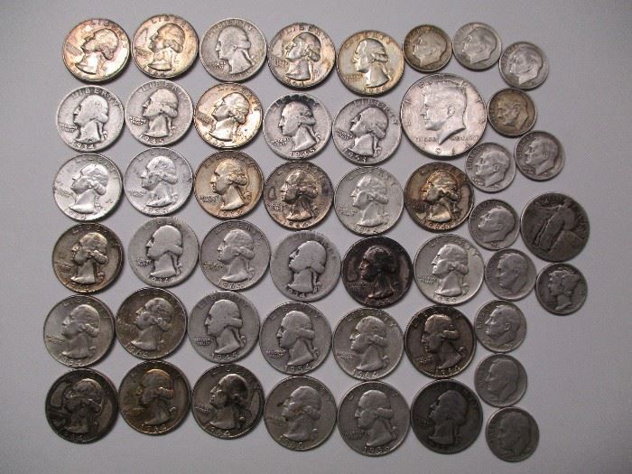 U.S. 90% SILVER COINS. $10.45 face value of assorted dates Washington quarters, one half, one mercury dime