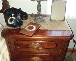Matching night stand, vintage heaven lamp, vintage phone