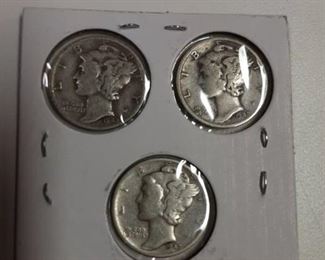 1942 Mercury head silver dimes P-D-S mint marks