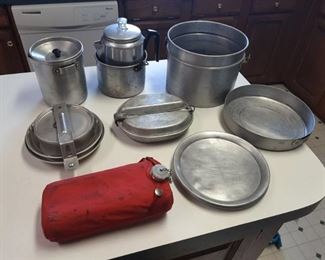 Boy scouts canteen and mess kit and other camping pots