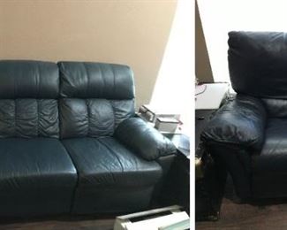 Blue Leather Couch & Recliner