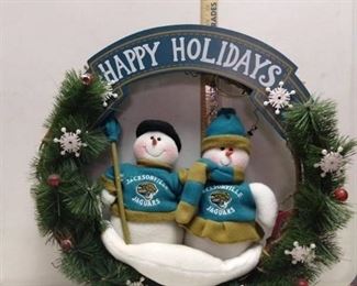 Jacksonville jaguars happy holidays Christmas wreath with mr. and mrs. snowman