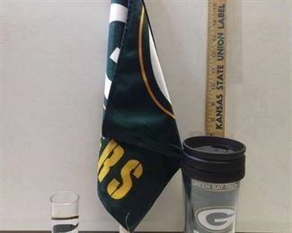 Green Bay Packers Car Flag 1 tall shot glass and one plastic drink cup with lid