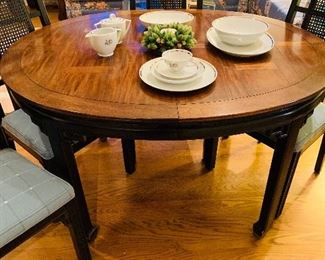 Oriental Style Dining Table with Two Added Leaves, 6 Chairs (Two Captain's Chairs)