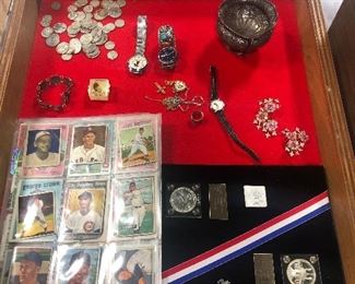 old baseball cards coins silver quarters and dimes