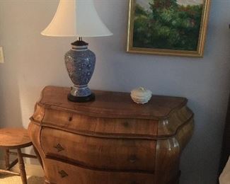 Charming Bombe Chest, Porcelain Lamp, Antique stool