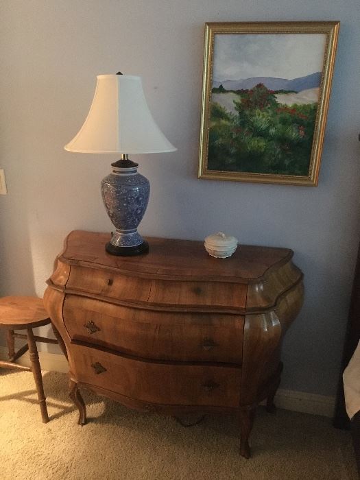 Charming Bombe Chest, Porcelain Lamp, Antique stool