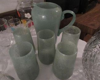 Hand blown pitcher and 5 glasses