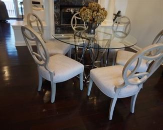 GLASS AND CHROME DINING TABLE AND CHAIRS