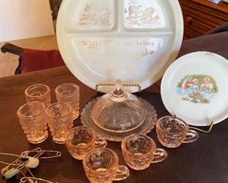 Child's pink depression glass dishes