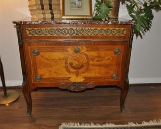 Antique marble top chest / commode with incredible ormulu and inlay designs