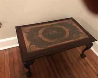 beautiful painted and marquetry top with claw foot coffee table 