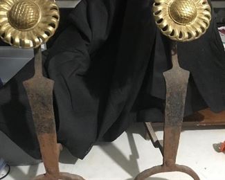 Arts and crafts period hand forged  andirons with gilt sunflowers -fabulous!!!