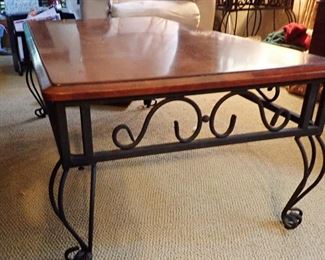 WOOD AND IRON COFFEE TABLE AND END TABLES