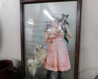 Victorian Girl, Dog and Cat Print