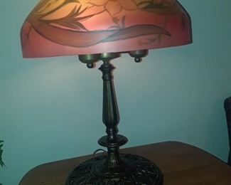 Vintage table lamp with reverse painted shade on metal base, 