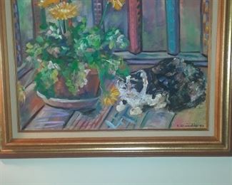 Oil on canvas, cat with flowers