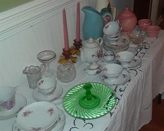 Moss rose china; Fiesta tea pot, cream and sugar, platter; Depression era green sandwich tray