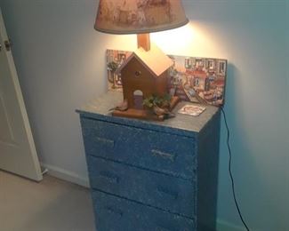 Painted chest; bird house lamp