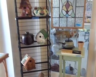 Birdhouses, baker's rack in wrought iron, plant stand, stained glass, fondue set