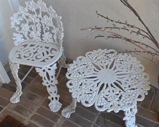 Table and chair, grape pattern, vintage wrought iron