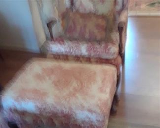 Toile covered armchair and ottoman