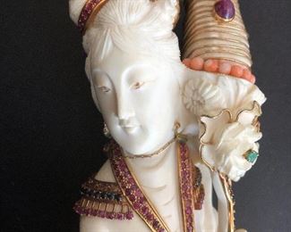 Ivory Geisha embellished with Ruby , Sapphires, Emeralds and Gold Wire , approx 14”