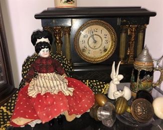 Seth Thomas clock,
antique dolls, doorknobs, Stein
