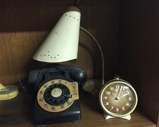 Rotary Phone, Alarm Clock, Mid-century Desk Lamp
