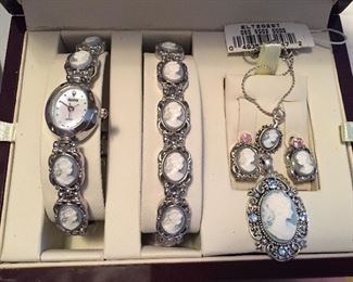 Elgin Cameo Watch, Matching Bracelets, Necklace & Earrings 
