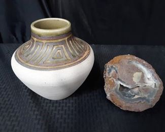 Handmade signed pottery and beautiful geode